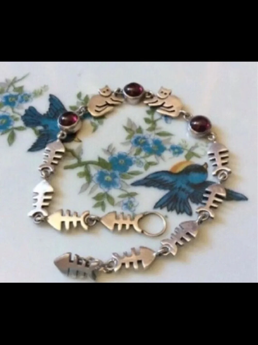 Vintage Fish bones cat garnet gemstone link bracelet sterling silver 925 - Picture 14 of 16